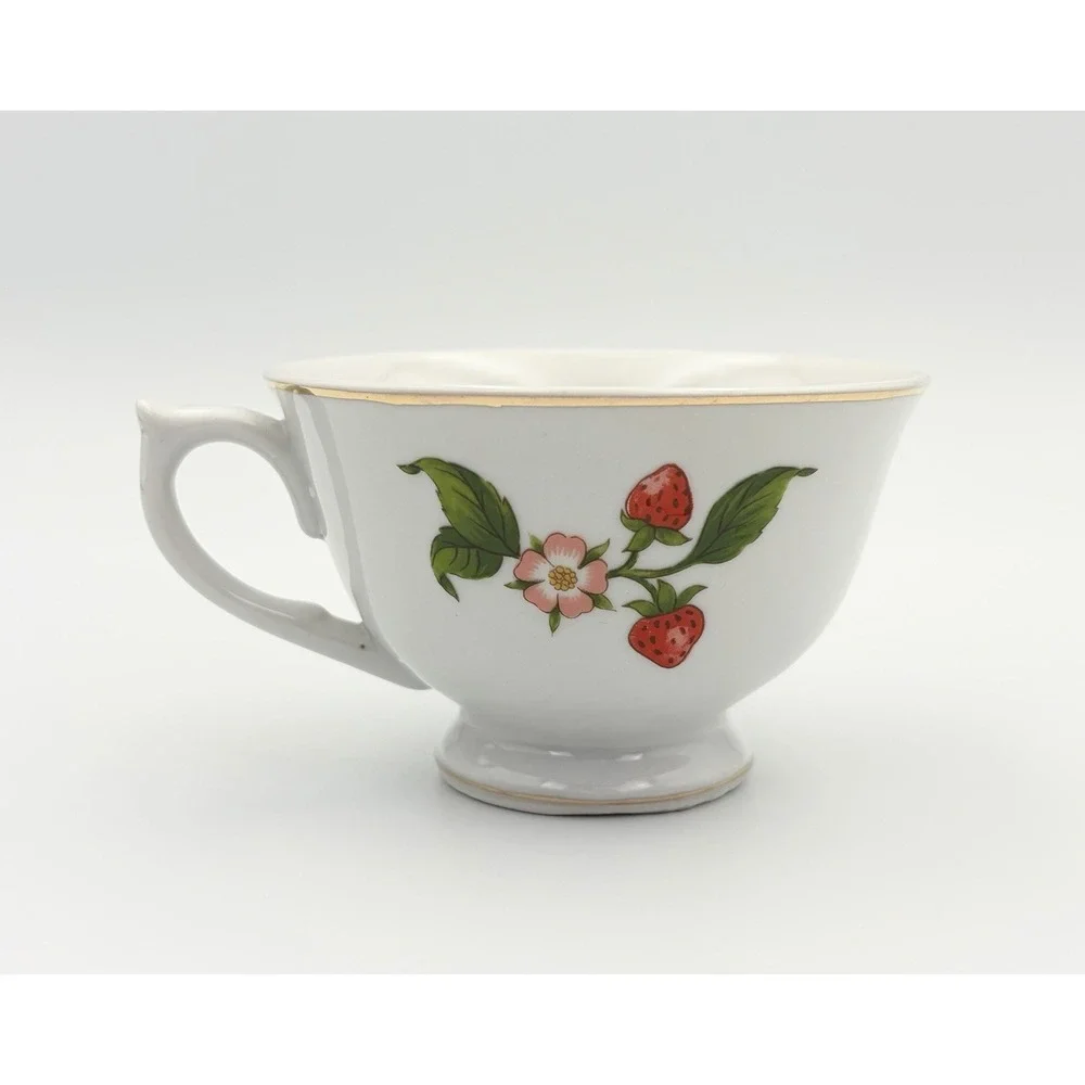 Vintage Teleflora Strawberry Vine Tea Cup and Saucer Set Gold Rim Cottagecore